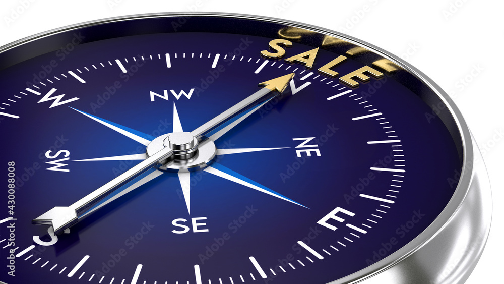 Compass made of metal and blue color. needle pointing to the golden sale word. Marketing concept. 3D illustration Compass made of metal and blue color. needle pointing to the golden sale word. Marketing concept. 3D illustration