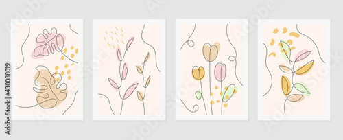Botanical wall art vector set. Water color boho foliage line art drawing with  abstract shape.  Abstract Plant Art design for print, cover, wallpaper, Minimal and  natural wall art.