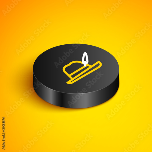 Isometric line Oktoberfest hat icon isolated on yellow background. Hunter hat with feather. German hat. Black circle button. Vector