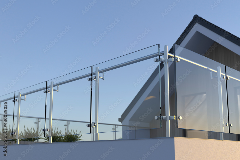 Modern stainless steel railing with glass panel and house, 3D illustration
 - obrazy, fototapety, plakaty 