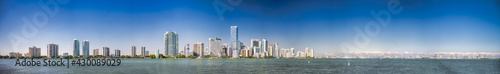 MIAMI, FL - FEBRUARY 28, 2016: Panoramic view of Downtown Miami Skyline and city port from Rickenbacker Causeway at sunset