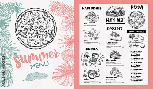 Restaurant food menu design. Summer menu, hand drawn illustrations. Vector food flyer.