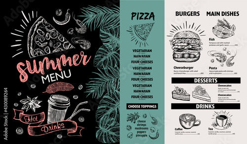 Restaurant food menu design. Summer menu, hand drawn illustrations. Vector food flyer.