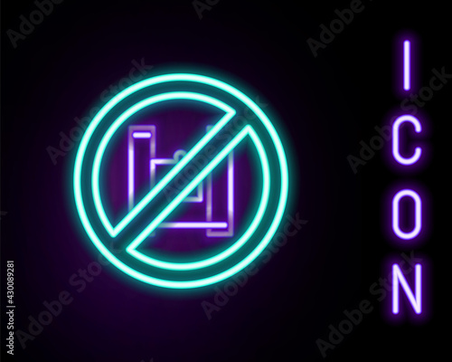 Glowing neon line Say no to plastic bags poster icon isolated on black background. Disposable cellophane and polythene package prohibition sign. Colorful outline concept. Vector
