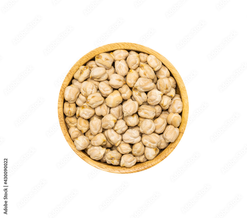 Uncooked dry Chickpeas in wooden bowl on white background, top view. Uncooked dry Chickpeas in wooden bowl on white background, top view.