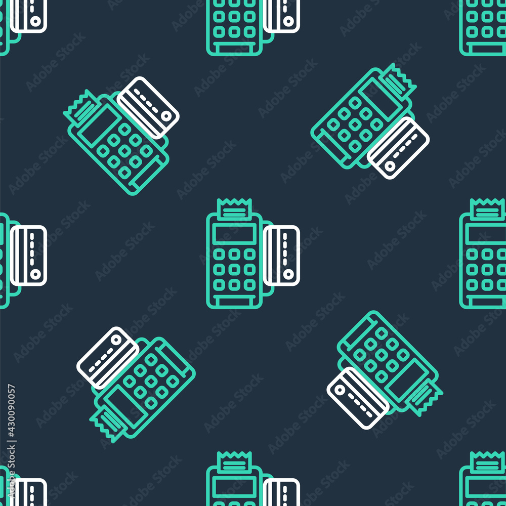 Line POS terminal with inserted credit card and printed reciept icon isolated seamless pattern on black background. NFC payment concept. Vector Line POS terminal with inserted credit card and printed reciept icon isolated seamless pattern on black background. NFC payment concept. Vector