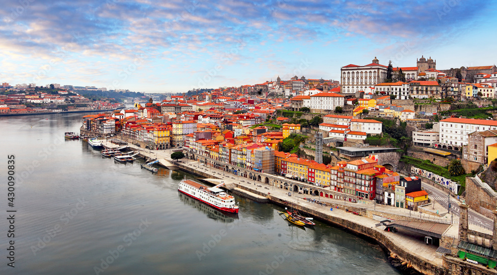 Cityscape of Porto (Oporto) old town, Portugal. Valley of the Douro River. Panorama of the famous Portuguese city.