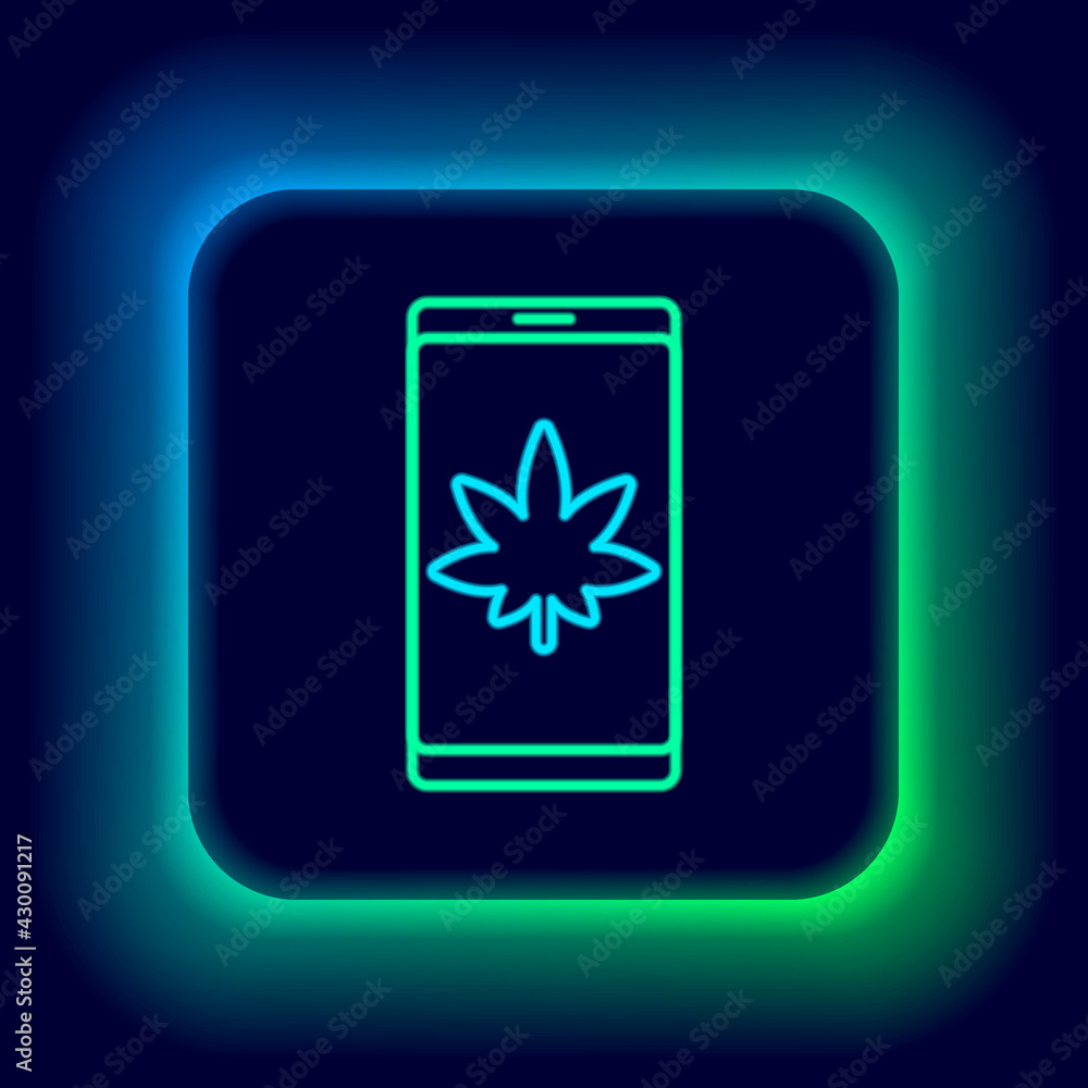 Glowing neon line Mobile phone and medical marijuana or cannabis leaf icon isolated on black background. Online buying symbol. Supermarket basket. Colorful outline concept. Vector Glowing neon line Mobile phone and medical marijuana or cannabis leaf icon isolated on black background. Online buying symbol. Supermarket basket. Colorful outline concept. Vector