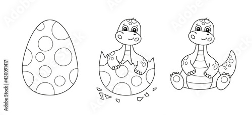 Dinosaur egg and cute little dinosaur for kid coloring book. Baby brontosaurus. Children puzzle game. Black and white cartoon isolated vector illustration on white background