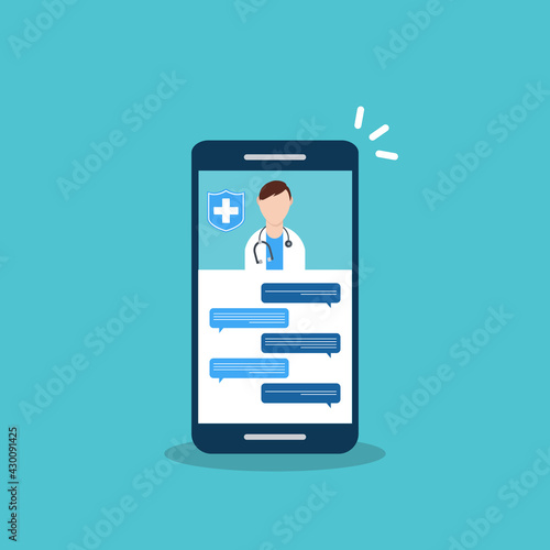 Telemedicine, smart phone chat with doctor on screen.	