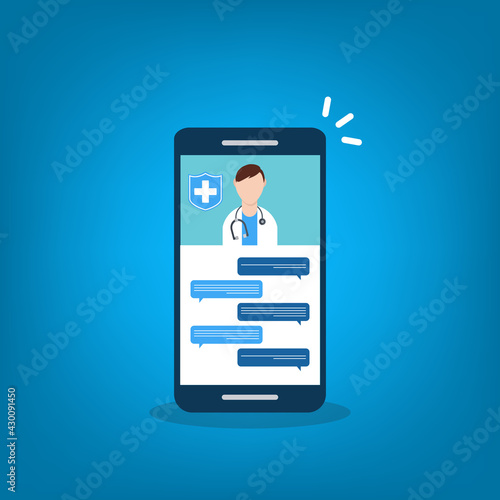 Telemedicine, smart phone chat with doctor on screen.	
