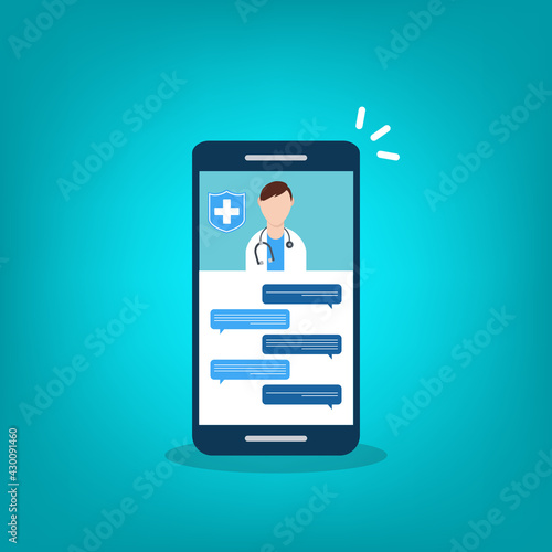 Telemedicine, smart phone chat with doctor on screen.	