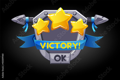 Pop-up victory, metal shield with stars assets for the game.