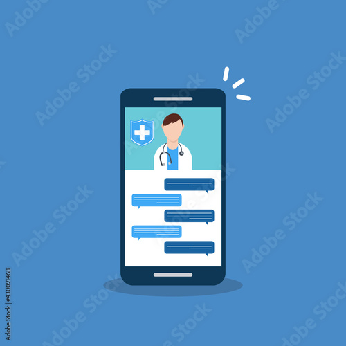 Telemedicine, smart phone chat with doctor on screen.	