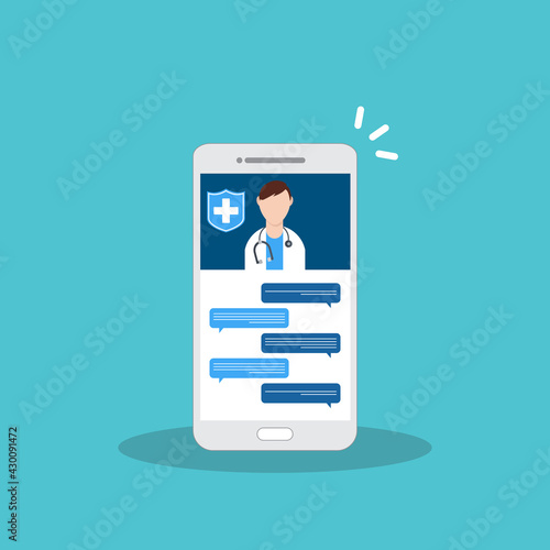 Telemedicine, smart phone chat with doctor on screen.	