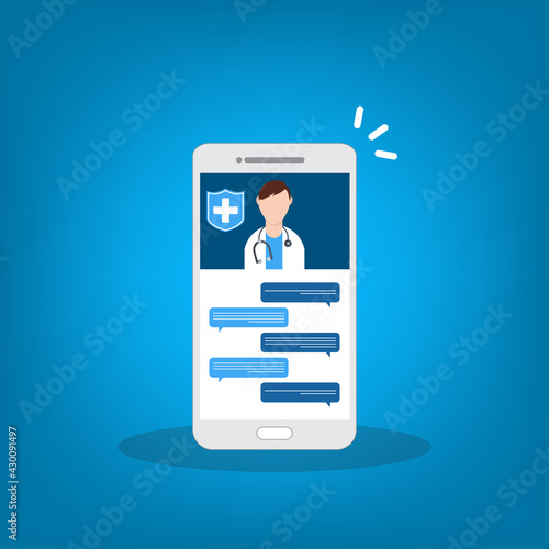 Telemedicine, smart phone chat with doctor on screen.	