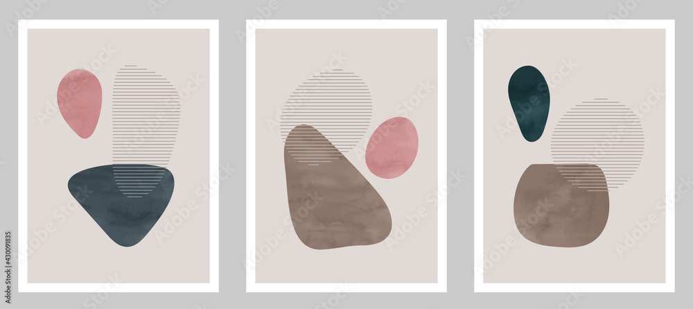 Trendy contemporary set of abstract art, creative minimalist hand painted watercolor compositions for wall decoration, postcard or brochure cover design in vintage style art.  
EPS10 vector.
