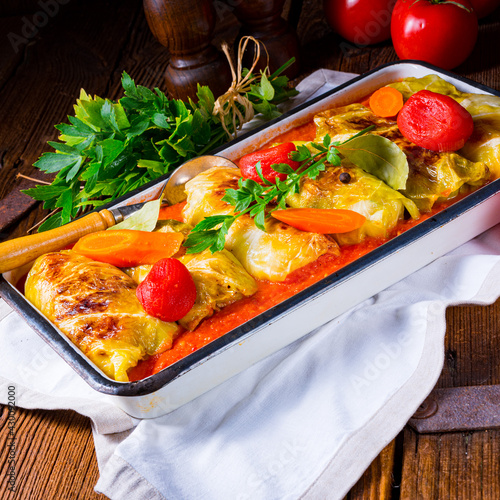 polish cabbage rolls with tomato sauce photo