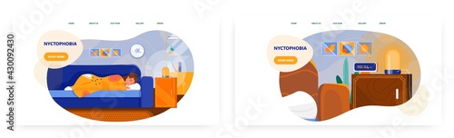 Nyctophobia landing page design, website banner vector template set. Woman experiencing fear of night or darkness.