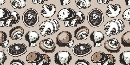 Mushroom picking of champignon. White button mushrooms. Vegetarian fungus cremini for food. Nature fungi portobello for healthy nutrition. Seamless pattern