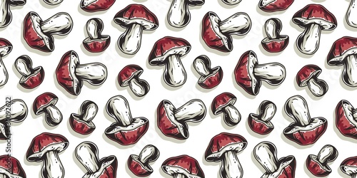 Mushroom picking of porcini, king bolete. Cep mushrooms. Vegetarian fungus boletus for food. Nature fungi for healthy nutrition. Seamless pattern