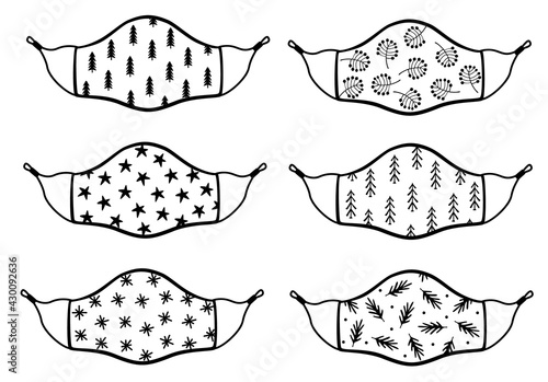 stay safe winter  merry christmas xmas winter protective face masks set with festive holiday patterns, isolated vector illustration