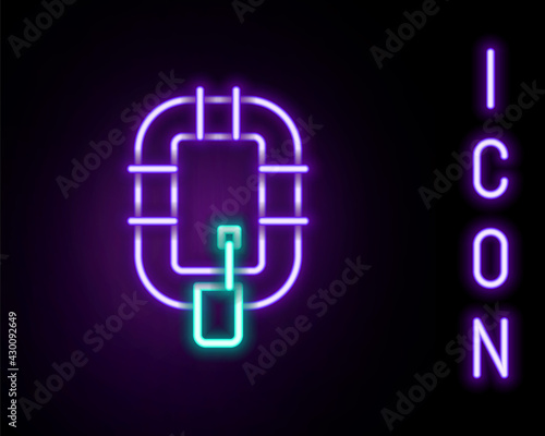Glowing neon line Inflatable boat icon isolated on black background. Rafting boat. Water sports, extreme sports, holiday, vacation. Colorful outline concept. Vector