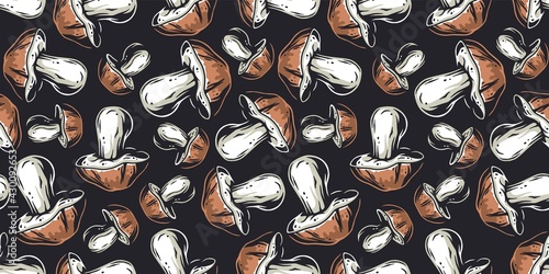 Mushroom picking of porcini, king bolete. Cep mushrooms. Vegetarian fungus boletus for food. Nature fungi for healthy nutrition. Seamless pattern