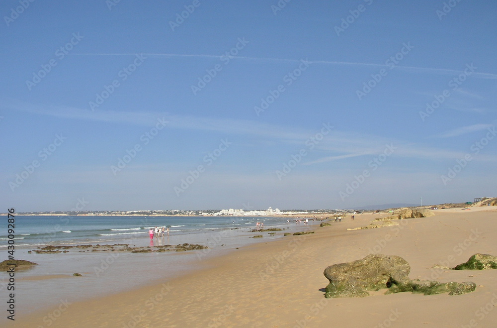 Gale beach near Albufeira with Armacao de Pera panoramic view , Algarve - Portugal 