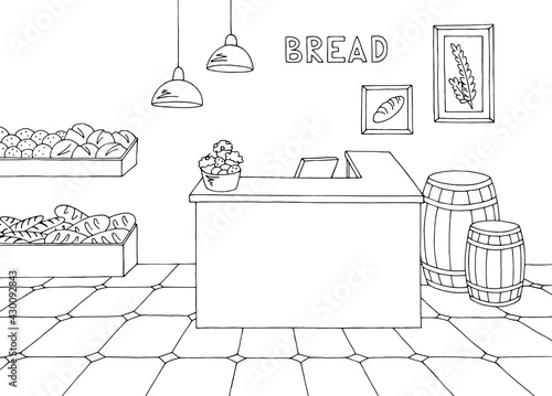 Bakery interior graphic black white sketch illustration vector