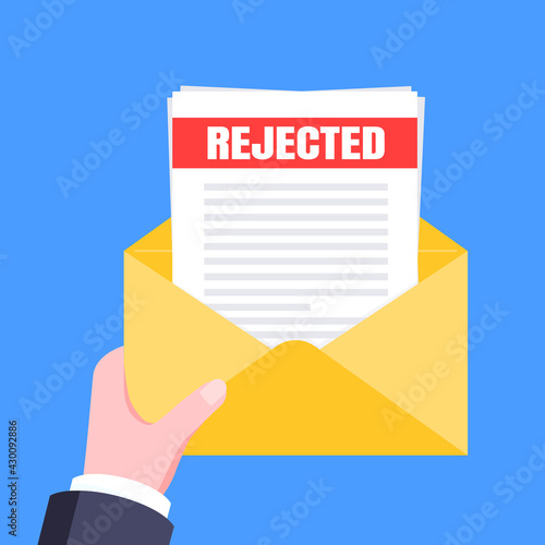 College or university reject letter with envelope and paper sheets document email. Job employment offer, college acceptance reject or business email form flat style design vector illustration.