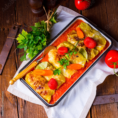 polish cabbage rolls with tomato sauce photo