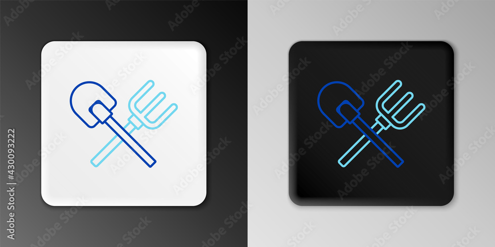 Line Shovel and rake icon isolated on grey background. Tool for horticulture, agriculture, gardening, farming. Ground cultivator. Colorful outline concept. Vector Line Shovel and rake icon isolated on grey background. Tool for horticulture, agriculture, gardening, farming. Ground cultivator. Colorful outline concept. Vector