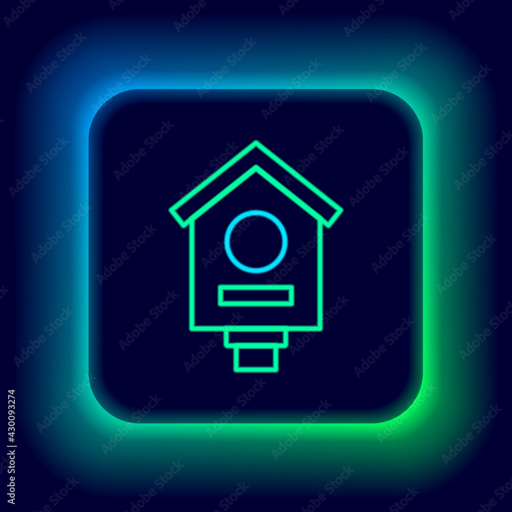 Glowing neon line Bird house icon isolated on black background. Nesting box birdhouse, homemade building for birds. Colorful outline concept. Vector Glowing neon line Bird house icon isolated on black background. Nesting box birdhouse, homemade building for birds. Colorful outline concept. Vector