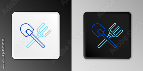 Line Shovel and rake icon isolated on grey background. Tool for horticulture, agriculture, gardening, farming. Ground cultivator. Colorful outline concept. Vector