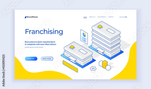Isometric vector illustration of buildings of company branch offices representing franchising business expansion strategy on banner. Isometric web banner, landing page template