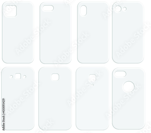 Set of blank white phone cases.Clean template cover smartphone.Mockup vector illustration.