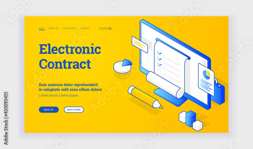 Electronic contract. Vector illustration of computer monitor with electronic legal contract for business near description and link button on web banner. Isometric web banner, landing page template