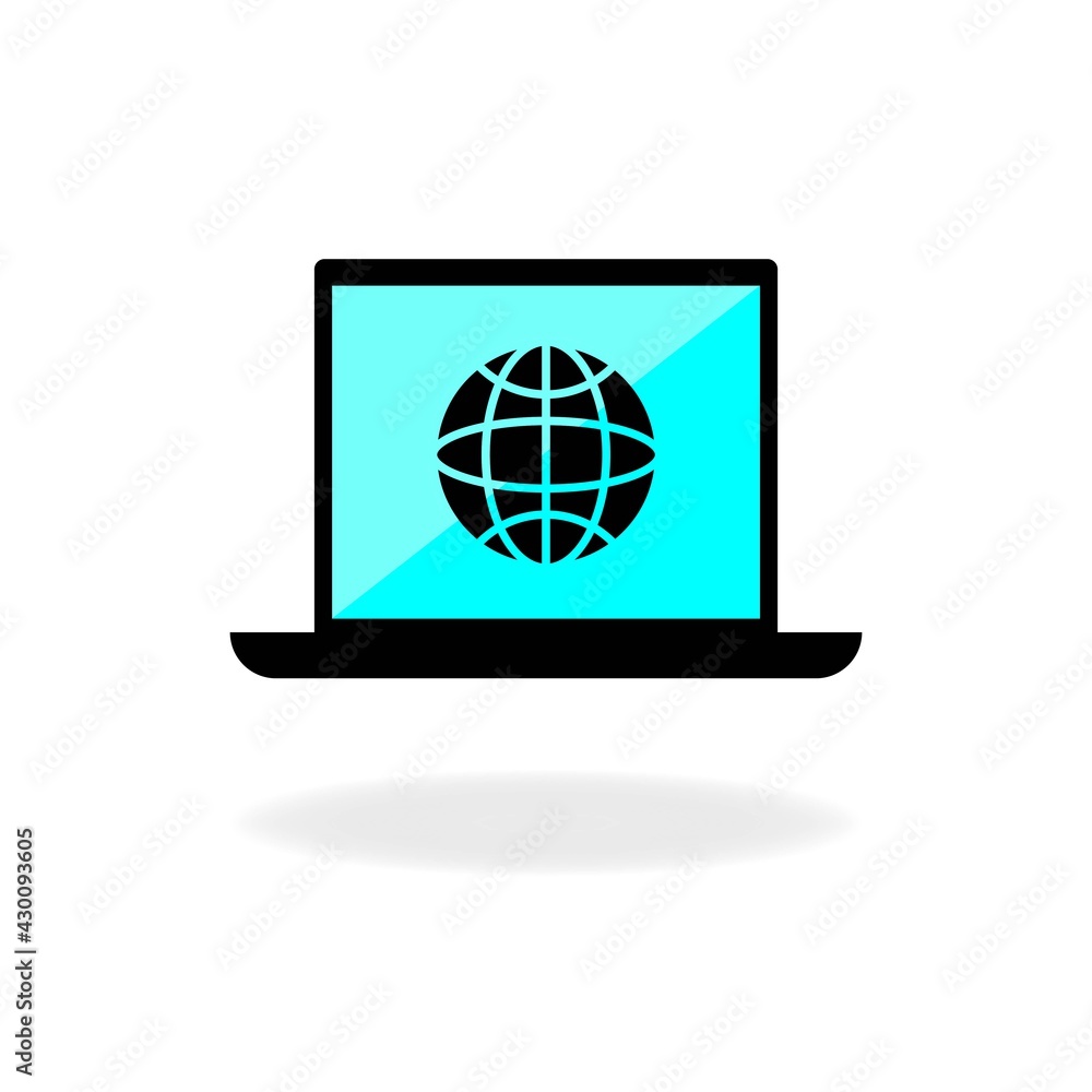 Laptop with web sign icon in color. Notebook and site. Display with internet symbol. Flat style design illustration. Suitable web design, mobile app, template ui. White background. Vector EPS 10 Laptop with web sign icon in color. Notebook and site. Display with internet symbol. Flat style design illustration. Suitable web design, mobile app, template ui. White background. Vector EPS 10