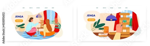 Jenga landing page design, website banner vector template set. Happy people playing jenga board game.