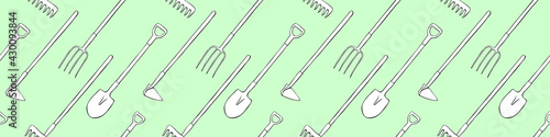 Seamless pattern with garden equipments: shovels, spades, rakes, hoes, pitchforks. Vector backgrounds and textures with tools for working on the farm, in dacha, country site in flat doodle style