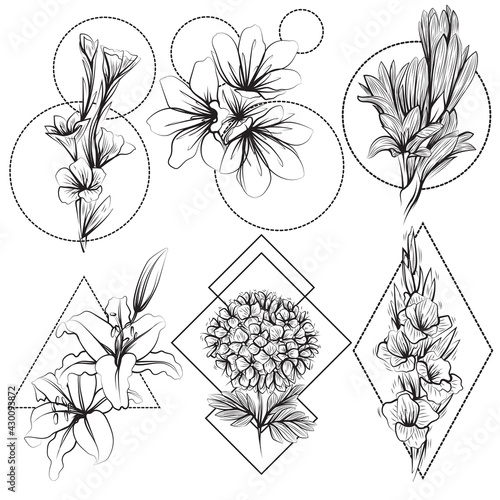 Tattoo flowers hand drawing sketch black and white