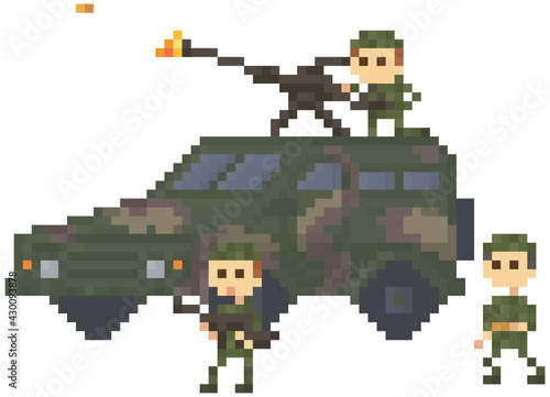 Soldiers in uniform near combat camouflage transport for pixel game design. Men armed with machine gun on roof of car prepare for attack vector illustration. People with military technics object