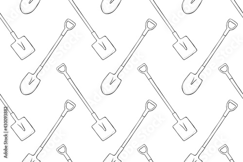 Seamless pattern with garden shovels, spades, scoops. Vector backgrounds and textures with tools for working on the farm, in dacha, country site in flat doodle style. Hand drawn isolated illustration