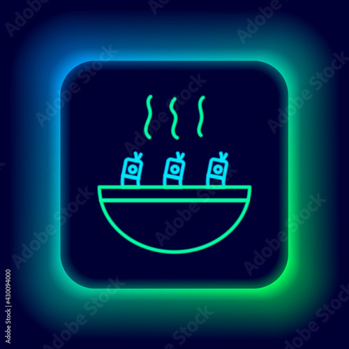 Glowing neon line Soup with shrimps icon isolated on black background. Tom yum kung soup. Colorful outline concept. Vector