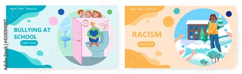 Bullying and racism landing page design, website banner vector template set. School bullying and racial discrimination.