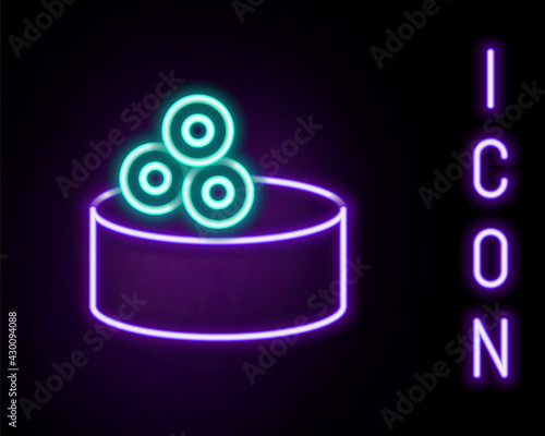 Glowing neon line Tin can with caviar icon isolated on black background. Colorful outline concept. Vector