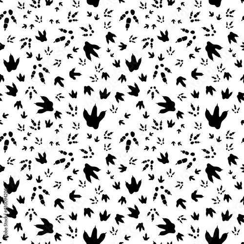 Dinosaur footprint tracks. Minimal seamless pattern. Background with paw, claw predator. Dinosaur footprint illustration perfect for textile, wrap and wallpaper and design.