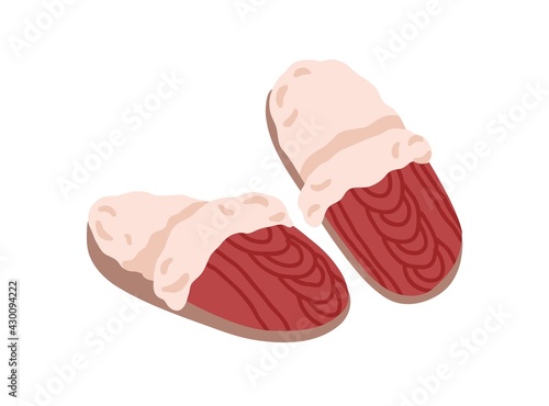 Pair of home winter slippers with knitted top and fur isolated on white background. Interior furry footwear. Women shoes for house. Colored flat vector illustration of female slides