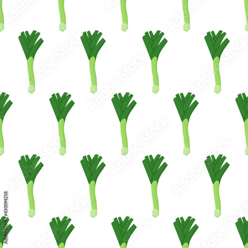 Hand drawn seamless pattern with green leek for wallpaper design. Vector isolated illustration.